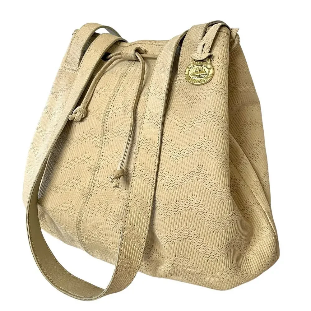 Brahmin 1980s Vintage Early Old Stock Chevron Embossed Cream Leather Bucket Bag